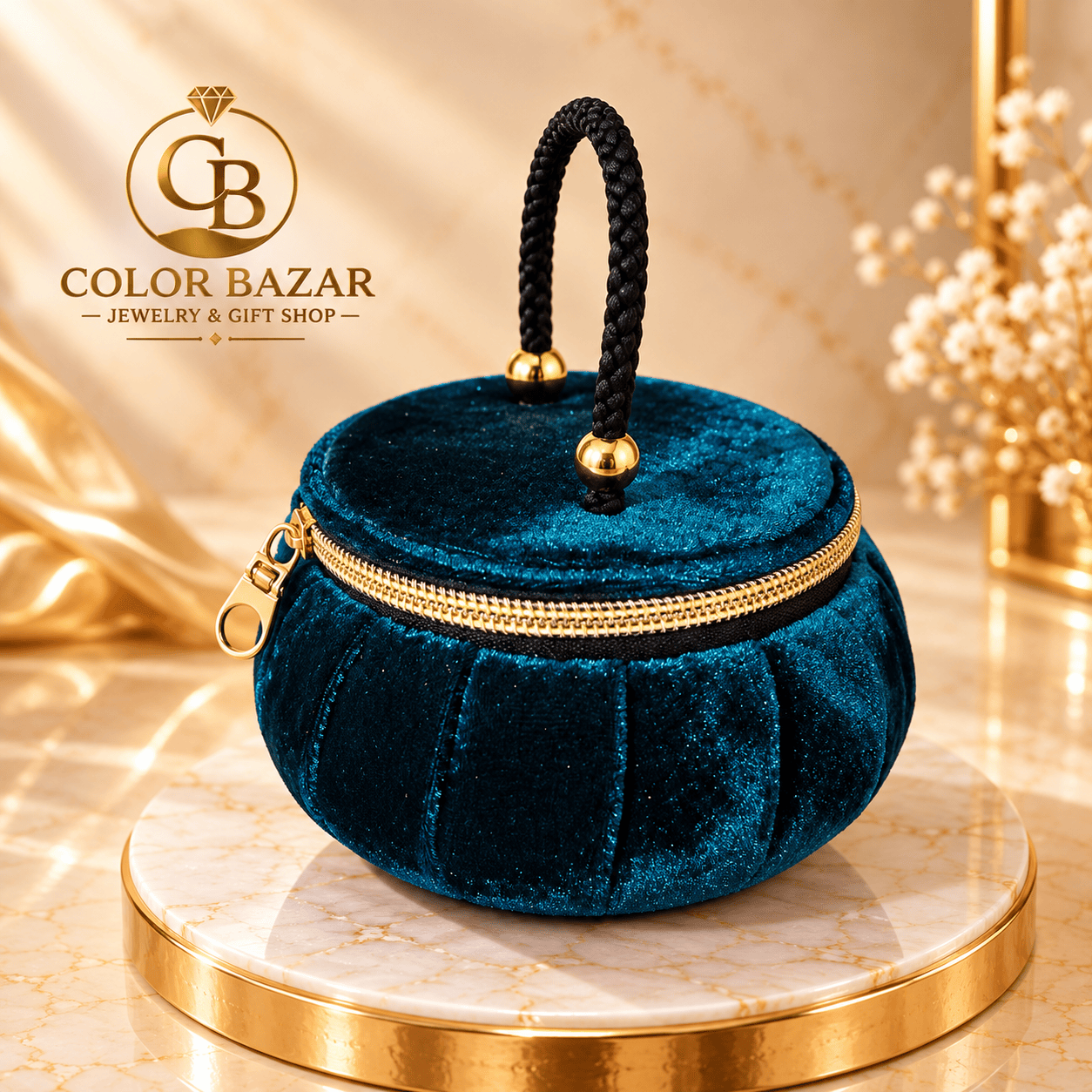 Premium Velvet Jewelry Box with Handle — Teal Green