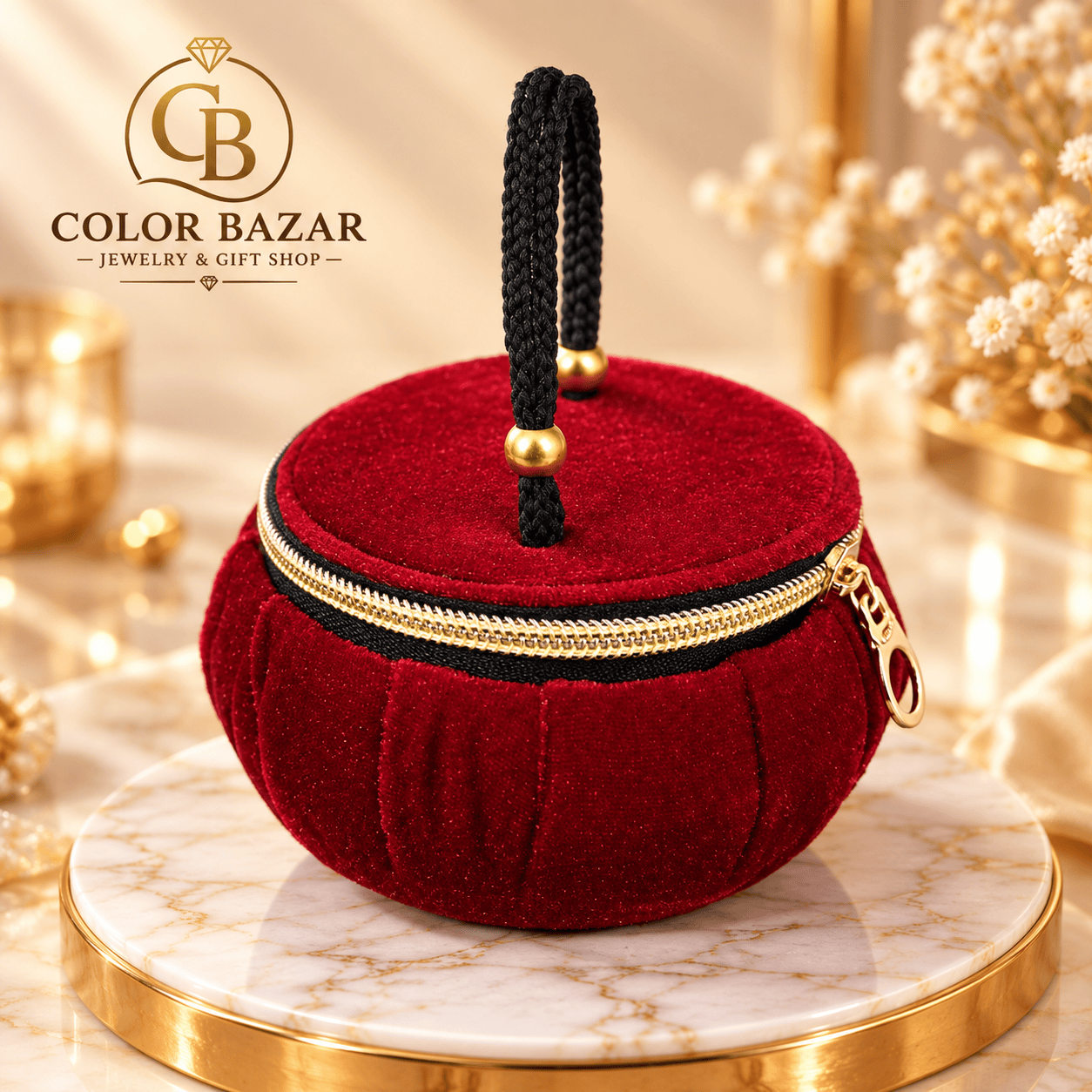 Premium Velvet Jewelry Box with Handle — Red