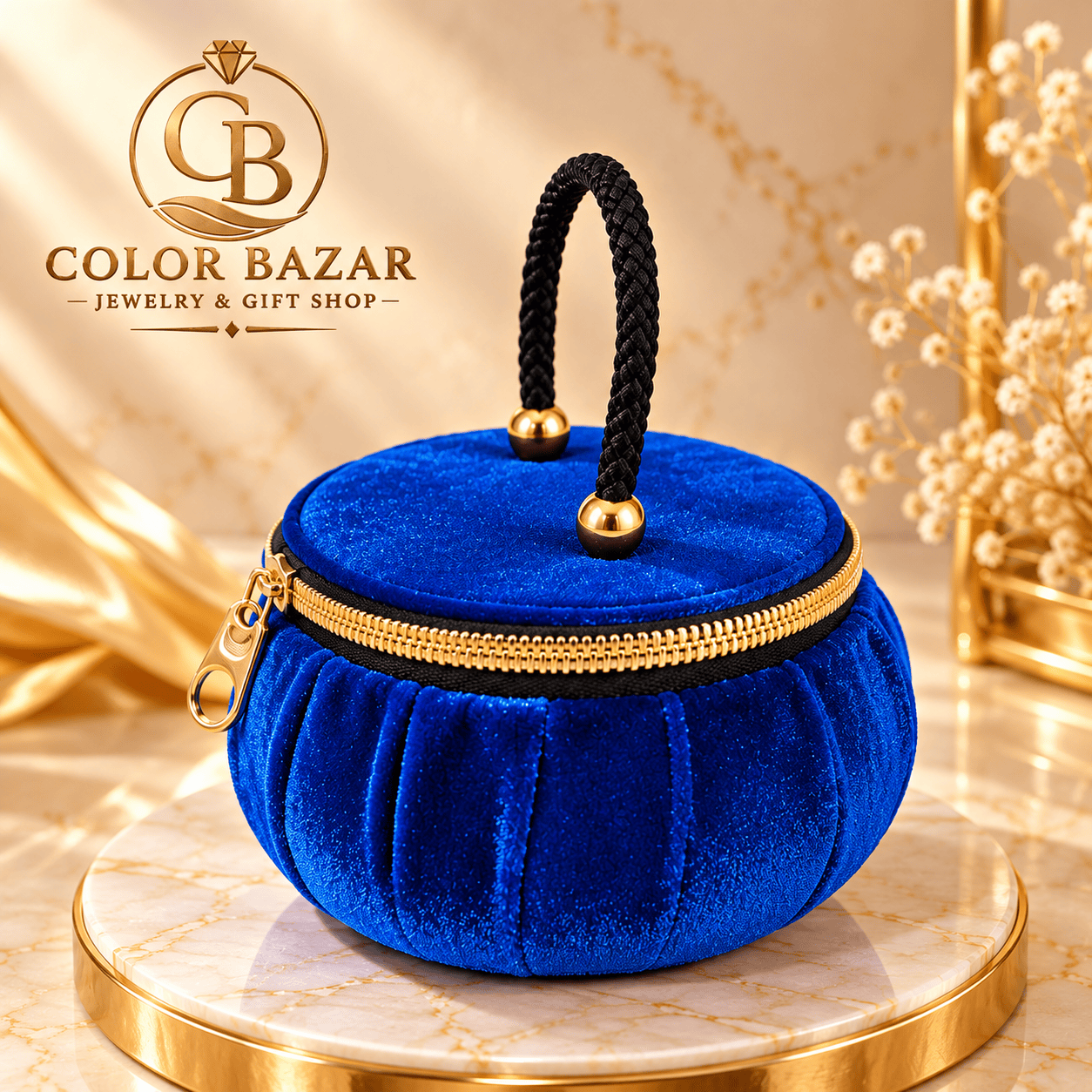 Premium Velvet Jewelry Box with Handle — Blue