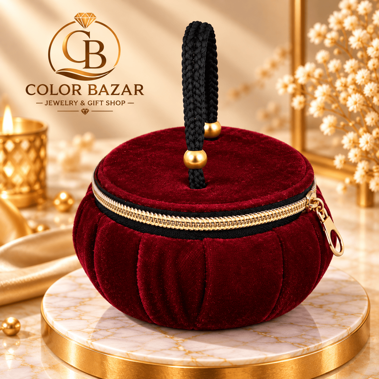 Premium Velvet Jewelry Box with Handle — Meroon